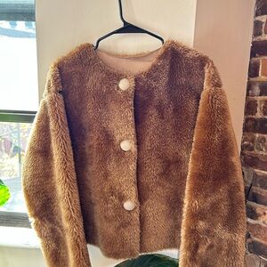 Faux Fur Brown Jacket with White Buttons